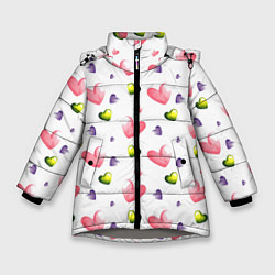 Куртка зимняя для девочки Акварельные сердечки - паттерн, цвет: 3D-светло-серый