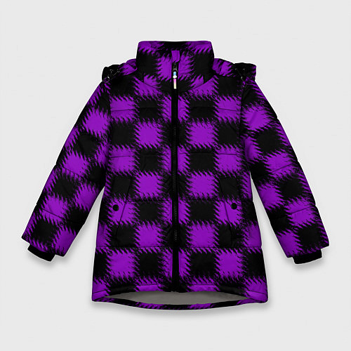 Зимняя куртка для девочки Фиолетовый черный узор Шахматка / 3D-Светло-серый – фото 1