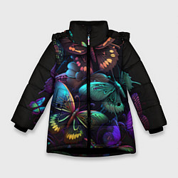 Куртка зимняя для девочки Разные неоновые бабочки, цвет: 3D-черный