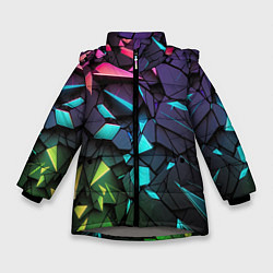 Куртка зимняя для девочки Неоновые абстрактные каменные плиты, цвет: 3D-светло-серый