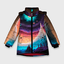 Куртка зимняя для девочки Абстрактный кусок земли со снежным лесом и космосо, цвет: 3D-красный