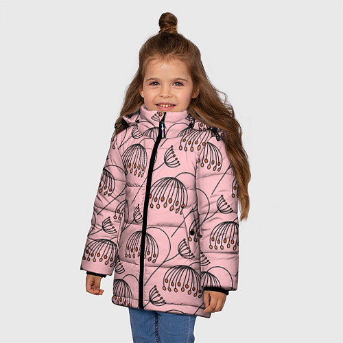 Зимняя куртка для девочки Цветы в стиле бохо на пудрово-розовом фоне / 3D-Черный – фото 3