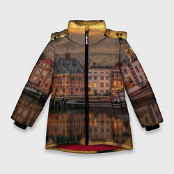 Зимняя куртка для девочки Мирный город на воде и тучи