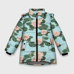 Куртка зимняя для девочки Водяные лилии на бирюзовом фоне, цвет: 3D-светло-серый