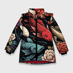 Куртка зимняя для девочки Узор с японскими карпами кои, цвет: 3D-красный