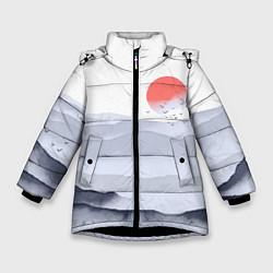 Куртка зимняя для девочки Японский пейзаж - восход солнца, цвет: 3D-черный