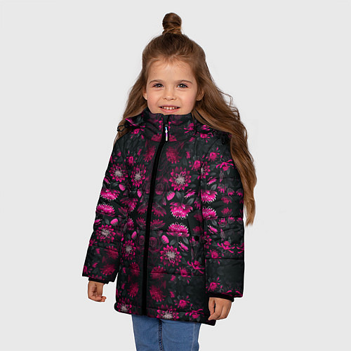 Зимняя куртка для девочки Ярко-розовые неоновые лилии / 3D-Черный – фото 3