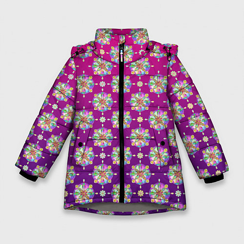 Зимняя куртка для девочки Абстрактные разноцветные узоры на пурпурно-фиолето / 3D-Светло-серый – фото 1
