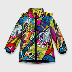 Куртка зимняя для девочки Guitars - pop art pattern, цвет: 3D-черный