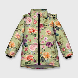 Зимняя куртка для девочки Акварельные цветы - паттерн зеленый