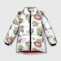 Зимняя куртка для девочки Пляжный паттерн с коктейлями и фламинго