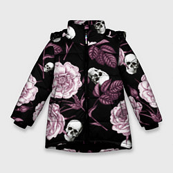 Куртка зимняя для девочки Розовые цветы с черепами, цвет: 3D-черный