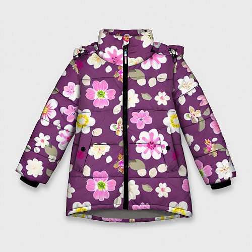 Зимняя куртка для девочки Цветы сакуры / 3D-Светло-серый – фото 1