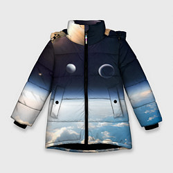 Куртка зимняя для девочки Космос и планета Сатурн, цвет: 3D-черный