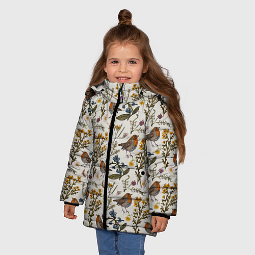 Зимняя куртка для девочки Птицы малиновки и зверобой / 3D-Черный – фото 3
