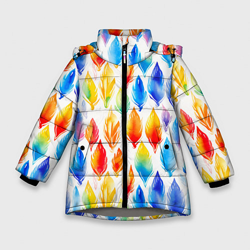 Зимняя куртка для девочки Желто-красно-синие перья тай-дай: паттерн / 3D-Светло-серый – фото 1