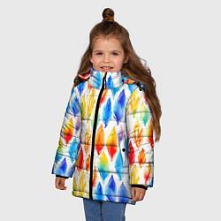 Куртка зимняя для девочки Желто-красно-синие перья тай-дай: паттерн, цвет: 3D-красный — фото 2