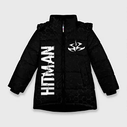Куртка зимняя для девочки Hitman glitch на темном фоне: надпись, символ, цвет: 3D-черный