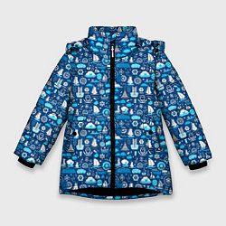 Куртка зимняя для девочки Кораблики и волны, цвет: 3D-черный