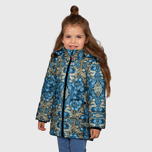 Зимняя куртка для девочки Сине-золотой цветочный узор / 3D-Черный – фото 3