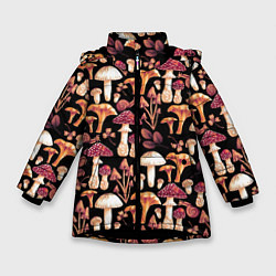 Куртка зимняя для девочки Грибы в сепии, цвет: 3D-черный