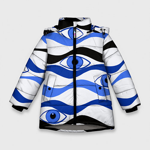 Зимняя куртка для девочки Глазки плывущие в голубых волнах / 3D-Светло-серый – фото 1