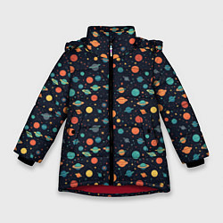 Куртка зимняя для девочки Темный космос с планетами паттерн, цвет: 3D-красный