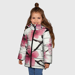 Куртка зимняя для девочки Цветы и ветви японской сакуры - текстура холста, цвет: 3D-светло-серый — фото 2