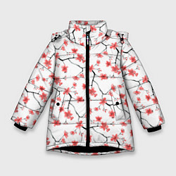 Куртка зимняя для девочки Акварельные цветы сакуры паттерн, цвет: 3D-черный
