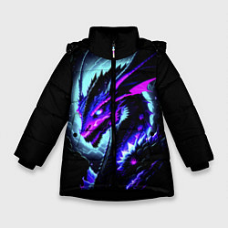 Куртка зимняя для девочки Морда дракона - неоновое свечение, цвет: 3D-черный