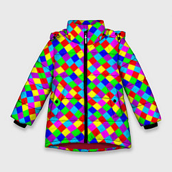 Куртка зимняя для девочки Разноцветные искривленные маленькие квадраты, цвет: 3D-красный