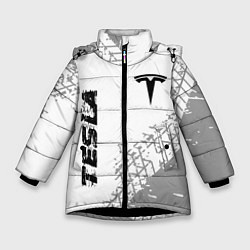 Куртка зимняя для девочки Tesla speed на светлом фоне со следами шин: надпис, цвет: 3D-черный