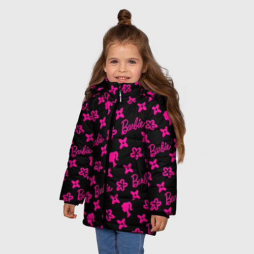Зимняя куртка для девочки Барби паттерн черно-розовый / 3D-Черный – фото 3