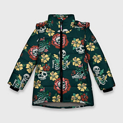 Зимняя куртка для девочки Скелеты и черепа среди цветов