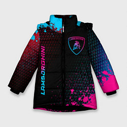 Куртка зимняя для девочки Lamborghini - neon gradient: надпись, символ, цвет: 3D-черный