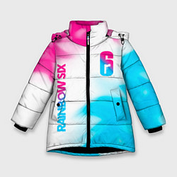 Куртка зимняя для девочки Rainbow Six neon gradient style: надпись, символ, цвет: 3D-черный