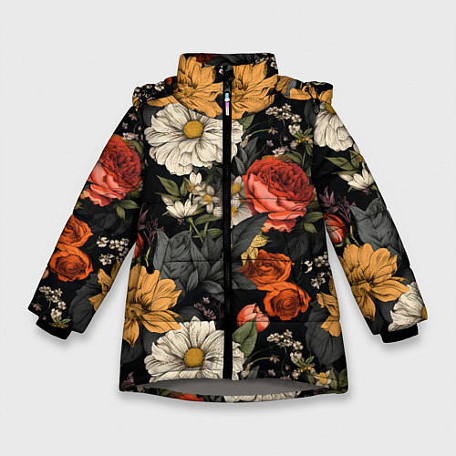 Зимняя куртка для девочки Цветочный паттерн на черном / 3D-Светло-серый – фото 1