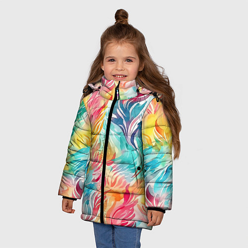 Зимняя куртка для девочки Акварельные листья паттерн / 3D-Черный – фото 3