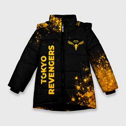 Куртка зимняя для девочки Tokyo Revengers - gold gradient: надпись, символ, цвет: 3D-черный