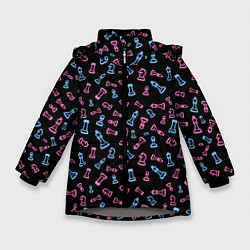 Зимняя куртка для девочки Неоновые розовые и голубые шахматные фигуры на чер