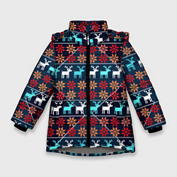 Зимняя куртка для девочки Новогодние олени и снежинки узор