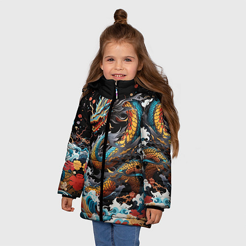 Зимняя куртка для девочки Дракон на волнах в японском стиле арт / 3D-Черный – фото 3