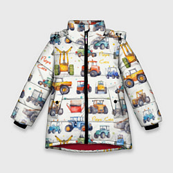 Зимняя куртка для девочки Акварельные тракторы - детский паттерн