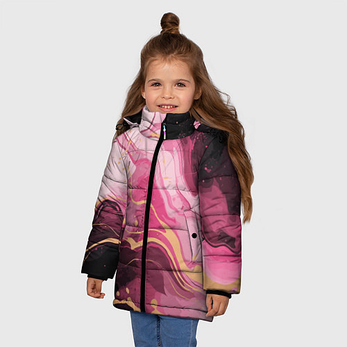 Зимняя куртка для девочки Абстрактный черно-розовый мраморный узор / 3D-Светло-серый – фото 3