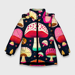 Куртка зимняя для девочки Грибы рисованные узор, цвет: 3D-черный