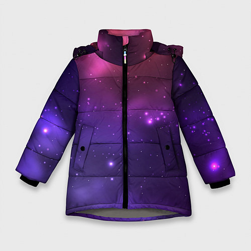 Зимняя куртка для девочки Разноцветный космос - неоновое свечение / 3D-Светло-серый – фото 1
