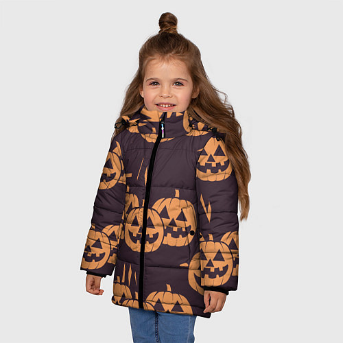 Зимняя куртка для девочки Фонарь джек в грандж стиле halloween тыква cartoon / 3D-Черный – фото 3