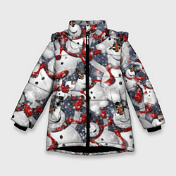 Куртка зимняя для девочки Зимний паттерн со снеговиками, цвет: 3D-черный