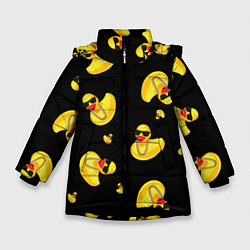 Куртка зимняя для девочки Жёлтая уточка в в темных очках и цепочке на черном, цвет: 3D-черный