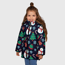 Куртка зимняя для девочки Снеговички с рождественскими оленями и елками, цвет: 3D-красный — фото 2